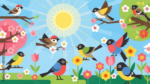Colorful Birds Flying Around Blooming Flowers on Sunny Day