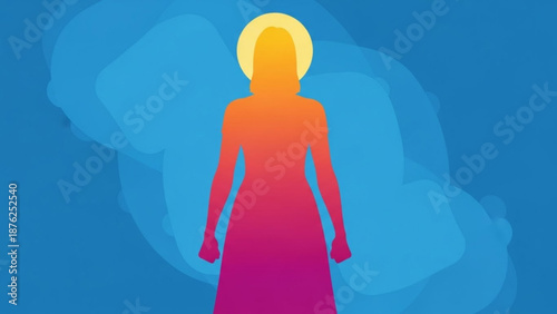 Woman with Halo Gradient Silhouette on Blue Background