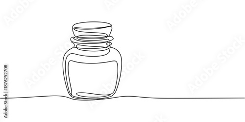 Medicine container, pill bottle, vitamins and supplements jar. Pharmaceutical packaging. One line continuous drawing vector illustration. Health care product, medical concept.
