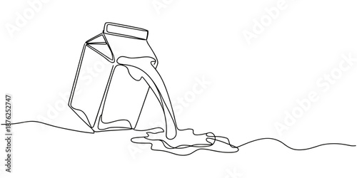 Milk carton with milk spilling out, continuous lines, self-drawing, Continuous one line drawing carton paper box fresh milk one liter product package, single line art concept vector.