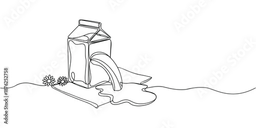 Milk carton with milk spilling out, continuous lines, self-drawing, Continuous one line drawing carton paper box fresh milk one liter product package, single line art concept vector.