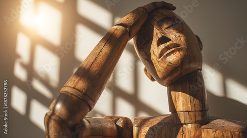 Articulated Wooden Mannequin Contemplates Life's Challenges in a Sunlit Room with Window Shadows, Evoking Thoughtfulness, Stress, and the Human Condition Amidst Light and Dark