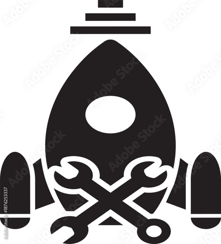 Space repair service vector illustration rocket with crossed wrenches symbol for engineering and technology work