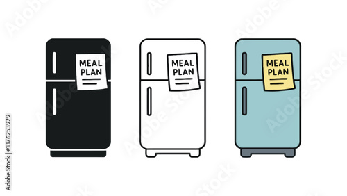 Three refrigerators with meal plan notes on a clean background