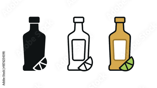 Three colorful bottles of liquor with lime wedges on a white background