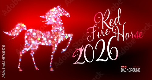 New year card for new 2026 year with red fire horse. Bokeh lights, festive atmosphere. Realistic vector. New year lettering.