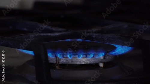 Gas Burner Ignition with Blue Flame on Kitchen Stove