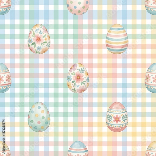 Watercolor painted Easter egg seamless pattern on pastel plaid background for spring holiday decoration and kid product design.