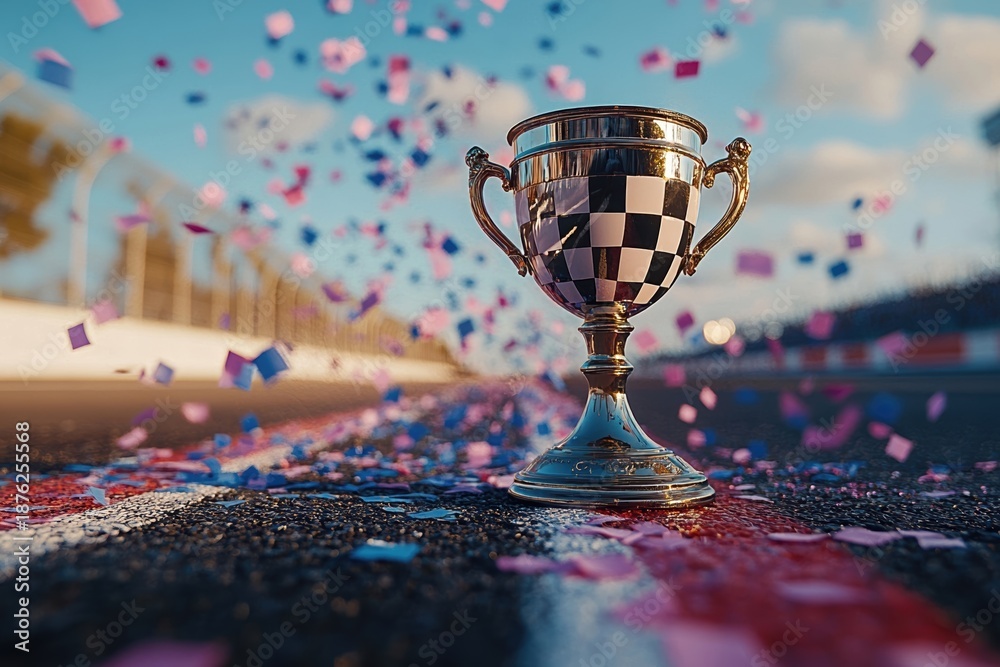 Obraz premium Golden checkered trophy proudly stands on a confetti-strewn race track, symbolizing ultimate victory and championship success.
