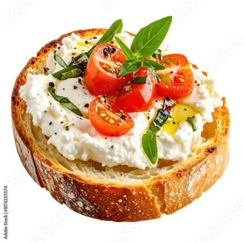 Vegetarian goat cheese toasts isolated on a white background for menu design and culinary branding