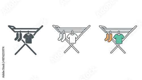 A set of clothes drying racks with various colored clothing items