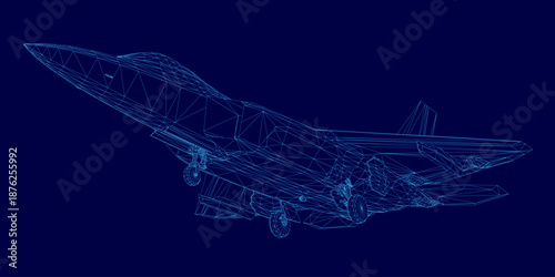 A 3D wireframe model of a combat fighter jet, rendered with realistic detail against a solid blue background.