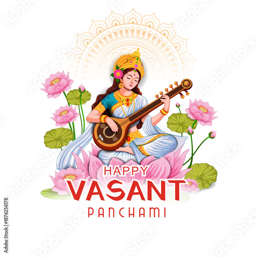 vector illustration of Goddess Saraswati for Vasant Panchami Puja of India