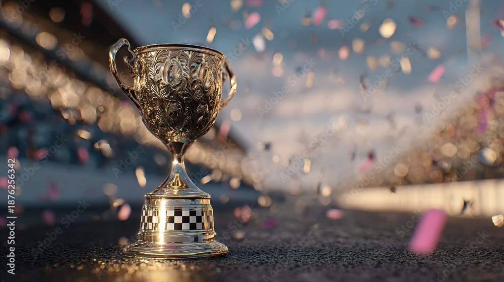 Fototapeta premium Ornate golden trophy on a race track with falling confetti, symbolizing ultimate success and championship victory.