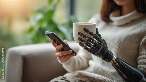 Woman with advanced bionic prosthetic arm enjoying a coffee and using smartphone, showcasing future technology and human empowerment.