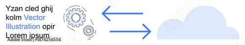 Data transfer, cloud computing, workflow automation, information exchange, digital technology, process management. Gears and arrows pointing to a cloud icon. Data transfer and cloud computing