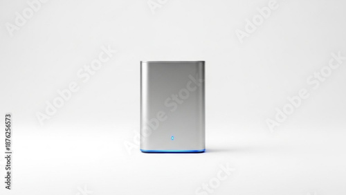 Silver External Hard Drive Isolated on White Background with Blue Light