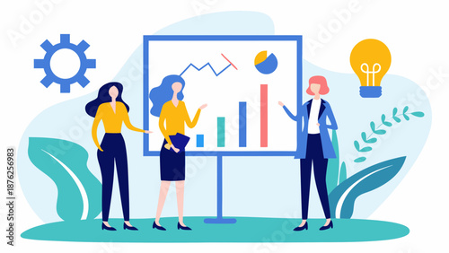 Three businesswomen presenting data on a board with graphs