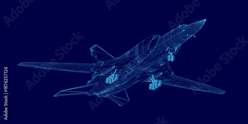 A 3D wireframe model of a military fighter jet is rendered with realistic detail against a solid blue background.