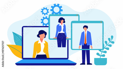 Remote team members collaborating online with laptop