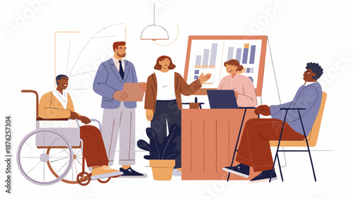 Diverse team collaborating in modern office space