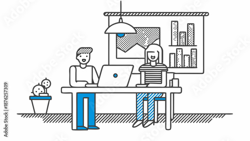 Colleagues collaborating on laptops in modern office space