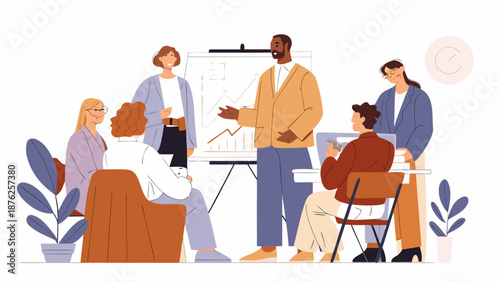 Diverse team collaborating in modern office space with presentation