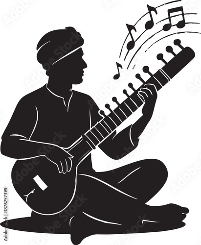 Sitar player silhouette traditional style