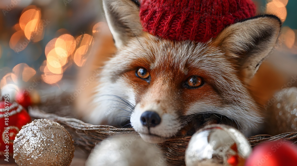 Fototapeta premium Whimsical Fox with Christmas Cheer: A Festive Portrait of Wildlife adorned with Holiday Ornaments and a Red Knit Hat amid Sparkling Lights, Capturing Yuletide Joy