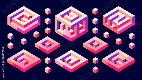 Isometric cube maze design in pink purple and orange hues on dark background flat vector illustration for graphic resources and technology concepts