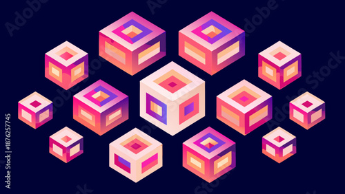 Minimal futuristic cube alignment in a flat vector illustration style with vibrant pink and purple hues on a dark background for modern design and technology concepts