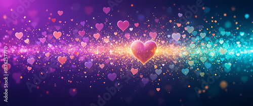 Wallpaper Mural abstract purple and red and pink golden cyan gradient glowing field hearts particles spreading after golden collision on the middle of the dark purple background, futuristic theme, sparkling bokhe sty Torontodigital.ca
