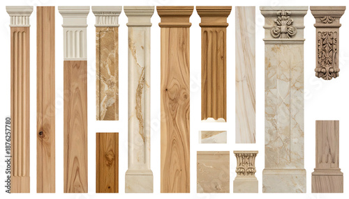 A collection of architectural columns and decor pieces