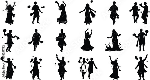 Collection of 16 dancing silhouettes of men and women in various poses
