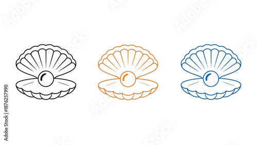 A set of colorful oyster shells with pearls inside on a white background