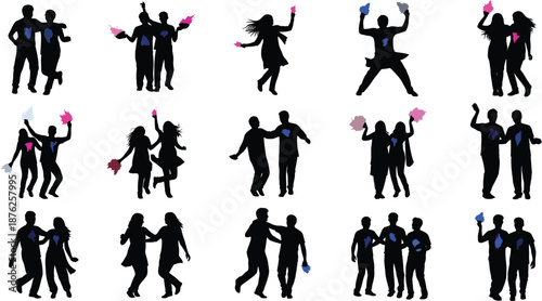 Silhouette illustrations of people celebrating with confetti and balloons
