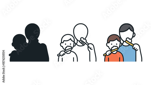 An illustration of a parent and child brushing teeth together