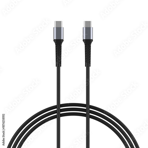 Black cable for charging and syncing with Type-C and Type-C connectors on a white isolated background. 