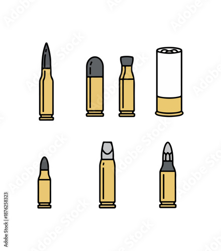 Ammunition collection assorted bullet cartridges isolated on black background