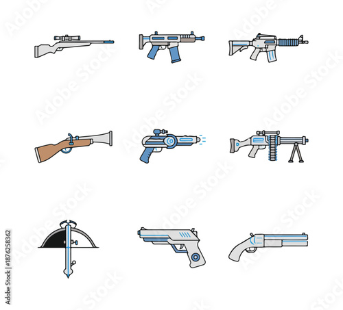 Assorted weaponry icons set rifle pistol and launcher illustrations