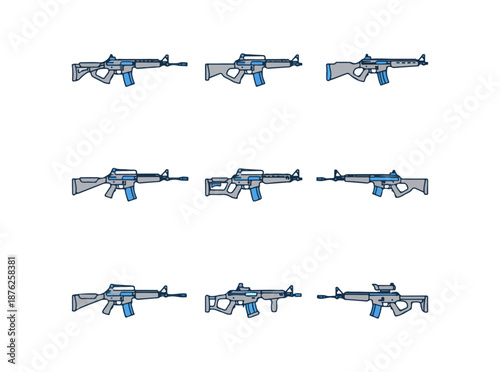 Assortment of digital firearms on black background for design elements