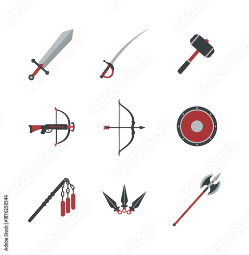 Collection of weaponry icons on black background
