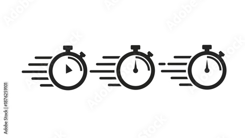Series of three fast-moving stopwatch icons illustrating speed progress and timing sequence icons on transparent background