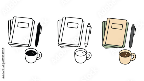 A set of colorful notebooks and pens with coffee cups on a white background