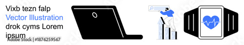 Digital health, wearable technology, remote work, productivity, personal care, fitness tracking. Graphic elements a laptop, a smartwatch and a person using a device. Digital health and wearable