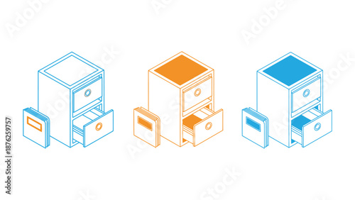 A set of colorful file cabinets with drawers and folders