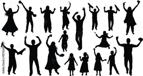 Silhouettes of people celebrating and rejoicing in various poses