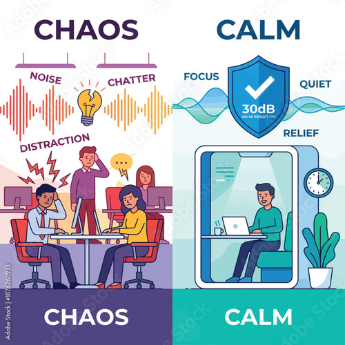 Vector illustration comparing chaos in noisy open office with stressed workers to calm focus of man in soundproof acoustic booth, highlighting productivity and 30dB noise reduction