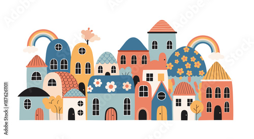Whimsical cartoon village featuring colorful houses with patterns, rainbows, and clouds for children's storybook illustrations or decor.