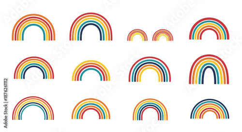 Set of twelve simple rainbow arches in various color palettes including earthy tones and bright primary colors for minimalist design.